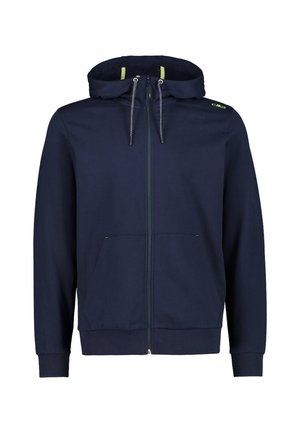Marineblauwe hoodie met rits, voorzakken, capuchon met zwarte en witte trekkoorden en klein groen logo op de linkerschouder.