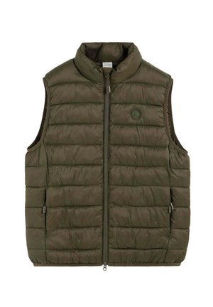 Olive green quilted sleeveless vest with front zipper, high collar, two zippered side pockets, and round brand logo on chest.