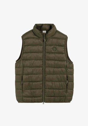 Olive green quilted sleeveless vest with front zipper, high collar, two zippered side pockets, and round brand logo on chest.
