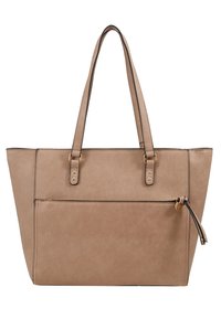 Borsa a tracolla in similpelle beige con due spallacci lunghi, tasca con zip sul davanti, finitura a contrasto e accessori in metallo color oro.