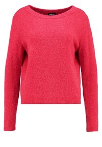 Czerwony sweter z dzianiny o luźnym kroju, długimi rękawami i szerokim dekoltem w łódkę. Miękka struktura z prążkowanymi mankietami i dołem.