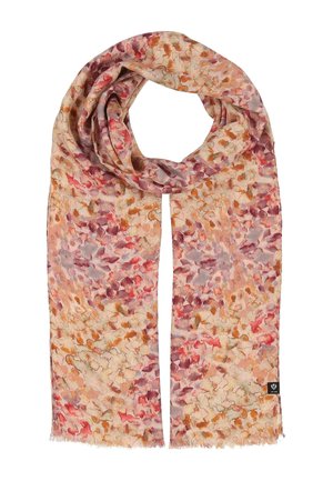 Lightweight scarf with abstract floral pattern in shades of pink, orange, and beige, featuring small fringed edges.