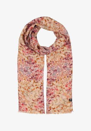 Leichter Schal mit abstraktem Blumenmuster in Pink-, Orange- und Beigetönen, mit kleinen Fransen an den Rändern.
