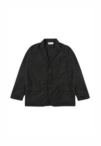 Blazer di cotone nero con colletto a punta, due tasche frontali e tre bottoni. Design semplice con un tessuto leggero e testurizzato.