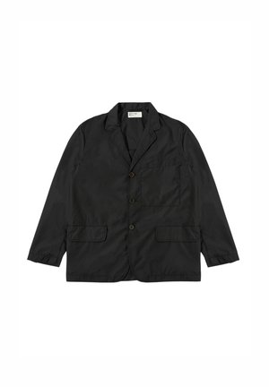 Blazer di cotone nero con colletto a punta, due tasche frontali e tre bottoni. Design semplice con un tessuto leggero e testurizzato.