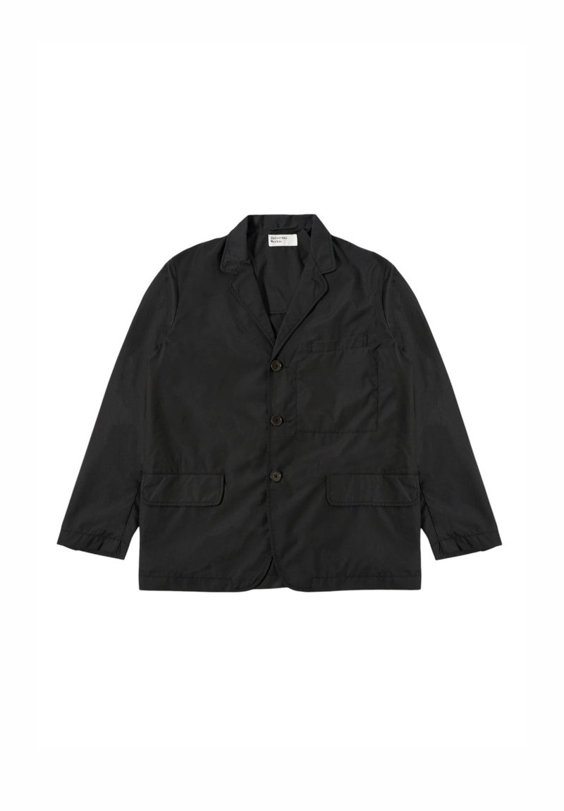 Blazer di cotone nero con colletto a punta, due tasche frontali e tre bottoni. Design semplice con un tessuto leggero e testurizzato.