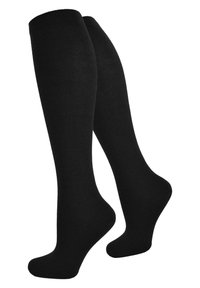 Schwarze kniehohe Socken aus gestricktem Stoff, mit einer glatten Textur und nahtlosem Design, geeignet für legere und formelle Anlässe.