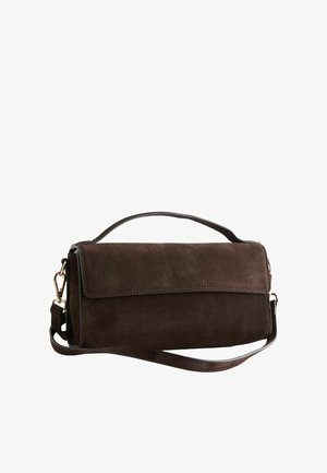 Dark brown suede rectangular handbag with top handle and detachable shoulder strap, gold-tone metal clasps, and flap closure.