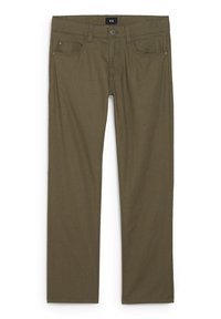 Pantalones de algodón en verde oliva con un diseño de pierna recta, cinco bolsillos y un cierre frontal de botón metálico. Textura suave con costuras ocultas.