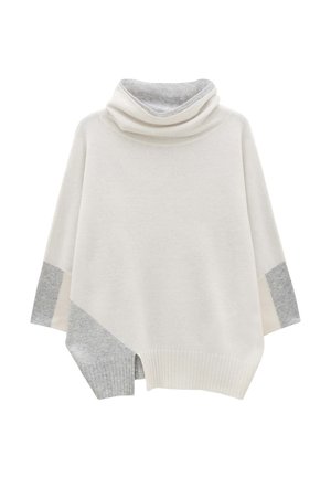 Cremfarbener und grauer, farbblockierter Pullover mit einem Kragen, 3/4-langen Ärmeln und einer lockeren Passform. Gerippter Saum und asymmetrisches Design.