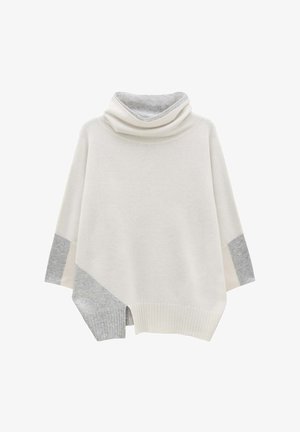 Cremfarbener und grauer, farbblockierter Pullover mit einem Kragen, 3/4-langen Ärmeln und einer lockeren Passform. Gerippter Saum und asymmetrisches Design.