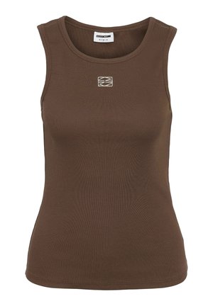 Débardeur marron côtelé sans manches avec col rond et petit logo géométrique brodé en blanc centré sur la poitrine.