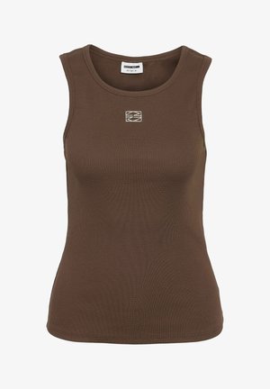 Débardeur marron côtelé sans manches avec col rond et petit logo géométrique brodé en blanc centré sur la poitrine.