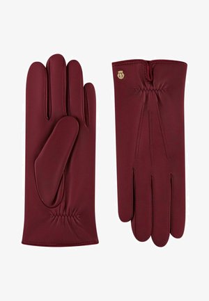 Burgundy leather gloves with gathered wrist detail, smooth texture, three-seamed fingers, and a small gold accent logo on the wrist.