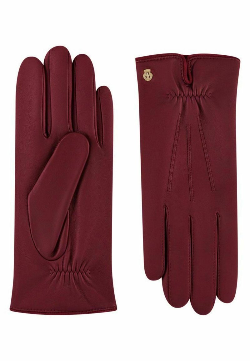 Burgunderfarbene Lederhandschuhe mit gerafftem Handgelenk, glatter Textur, dreinahtigen Fingern und einem kleinen goldenen Akzentlogo am Handgelenk.