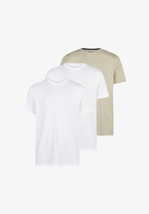 Drie eenvoudige T-shirts met korte mouwen en ronde hals, waarvan twee wit en één beige, overlappend tegen een witte achtergrond weergegeven.