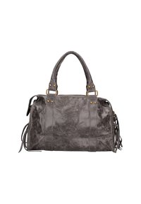 Borsa a tracolla in finta pelle grigia con manici superiori, finitura testurizzata, frange laterali e dettagli in metallo dorato. Chiusura con zip nella parte superiore.
