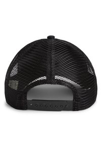 Schwarze Mesh-Snapback-Cap mit einem gebogenen Schirm, verstellbarem Kunststoffband und Belüftungslöchern für Atmungsaktivität im Rücken.