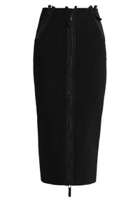 Svart blyertskjol i stretchmaterial med dragkedja framtill och dubbla sidodragkedjor, strukturerad passform och slät yta.