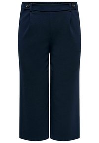 Navy blue cropped trousers made of textured fabric, featuring a flat front with two pockets and button detailing at the waist.