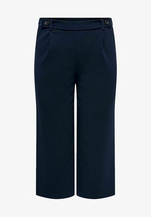 Marineblauwe cropped broeken van gestructureerde stof, met een platte voorkant, twee zakken en knoopdetails bij de taille.