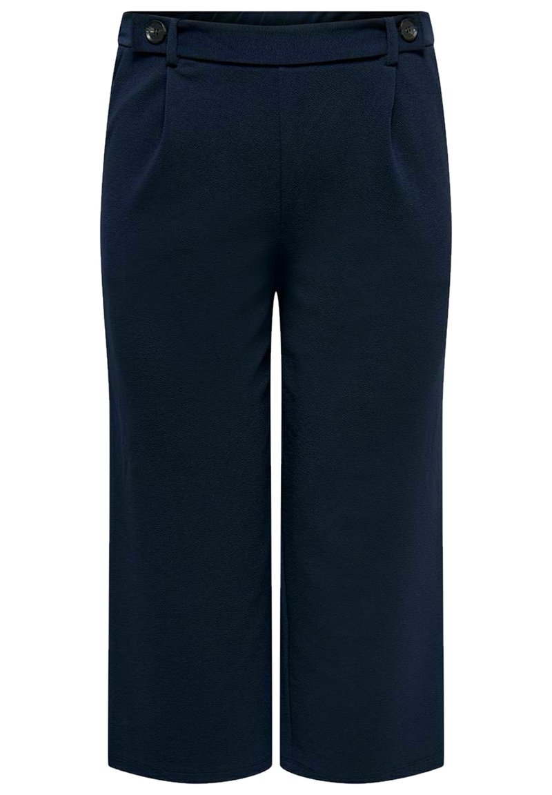 Navy blue cropped trousers made of textured fabric, featuring a flat front with two pockets and button detailing at the waist.