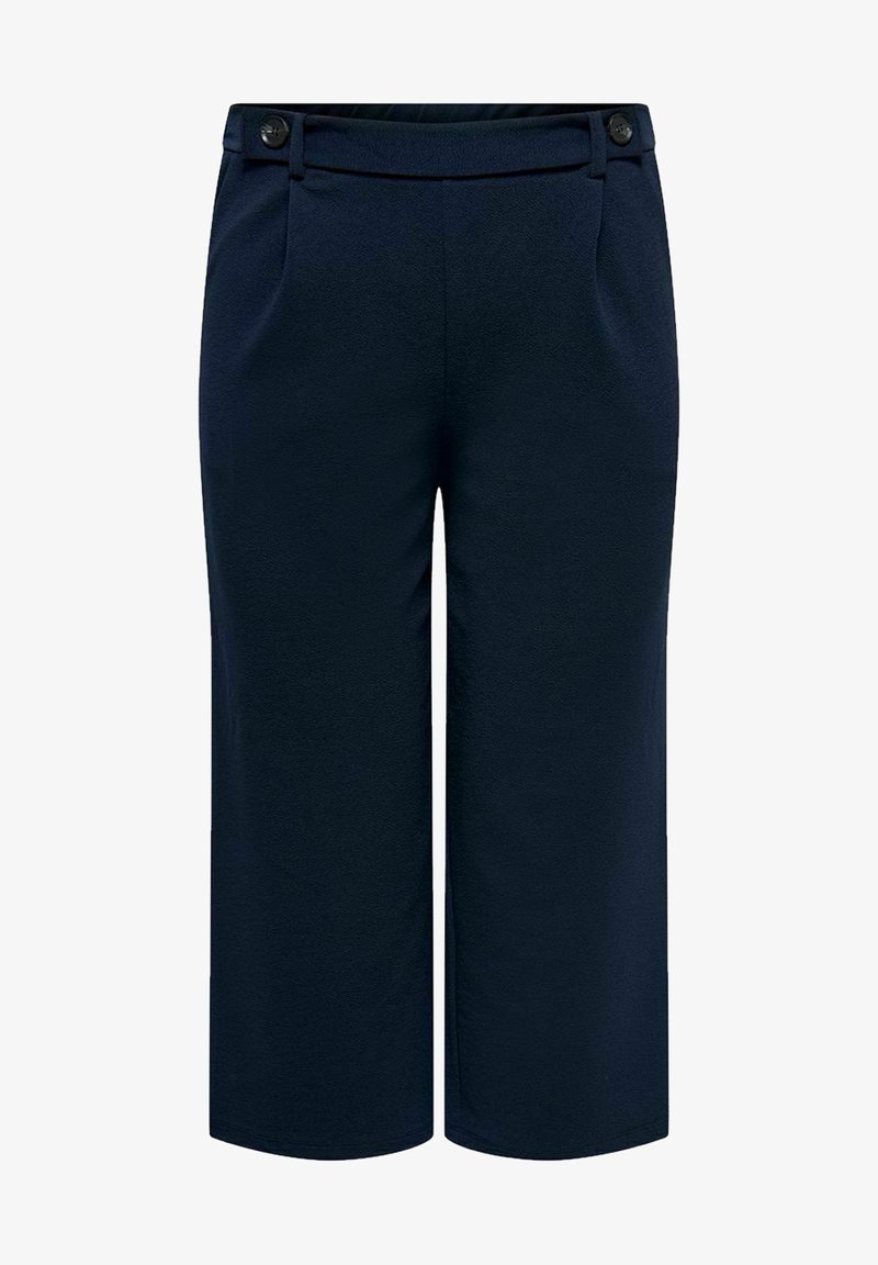 Tummansininen cropped-housut, jotka on valmistettu teksturoidusta kankaasta. Housuissa on litteä etuosa, kaksi taskua ja nappiyksityiskohtia vyötäröllä.