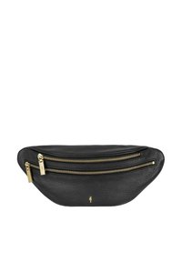 Czarna skórzana nerka z dwoma złotymi kieszeniami na zamek. Posiada wyprofilowany kształt i subtelną fakturę, uzupełnioną minimalistycznym logo.
