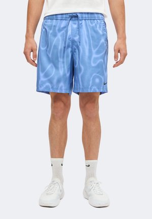 Homme debout portant un short de sport bleu clair à motifs, des chaussettes blanches avec logos Nike noirs et des baskets blanches sur un fond uni.