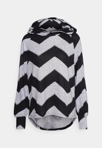 Sweat à capuche avec un motif chevron en noir et gris chiné. Fabriqué en tissu doux, il comprend des manches longues et un ourlet arrondi.