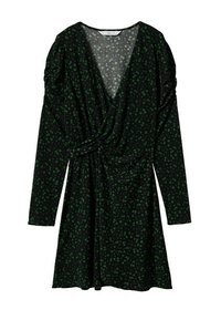 Robe noire avec un design enroulé, manches longues et épaules froncées. Décorée de petits motifs floraux verts. Texture de tissu douce.