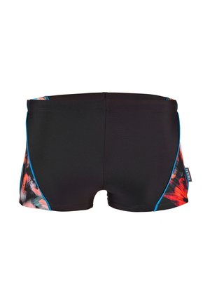 Zwemshorts van zwart materiaal met een kleurrijk bloemenpatroon aan de zijkanten, accenten in blauwe bies. Voorzien van een rechte zoom en elastische tailleband.