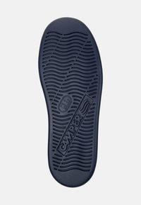 Navy blue rubber shoe sole with a textured wave pattern and engraved "CAMPER" logo. Features a rounded toe and smooth edges.