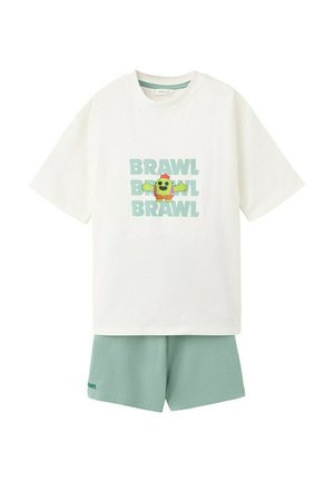 White short-sleeve T-shirt with green "BRAWL" text and cartoon cactus, paired with mint green shorts.