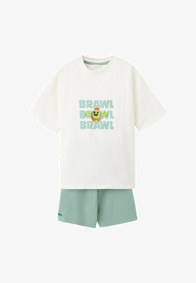 T-shirt blanc à manches courtes avec texte vert "BRAWL" et cactus cartoon, associé à un short vert menthe.