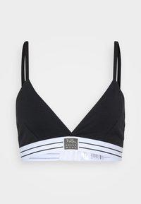 Black bralette featuring a plunging neckline, thin straps, and a white striped elastic band with a logo label on the front.