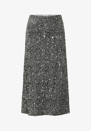 Falda midi gris con lentejuelas, cintura ajustada y silueta recta, que presenta lentejuelas brillantes dispuestas de manera densa para un detalle texturizado.