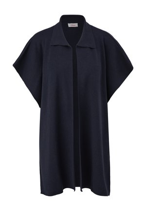 Donkerblauwe cardigan met een sjawlvoering, korte mouwen en een open voorkant. Gemaakt van zacht gebreid materiaal. Beschikt over een subtiele textuur.