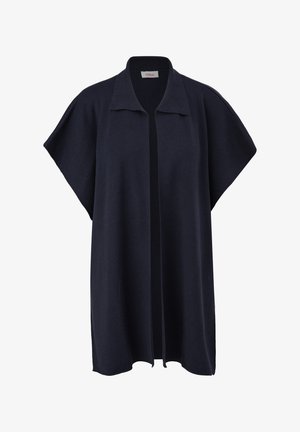 Donkerblauwe cardigan met een sjawlvoering, korte mouwen en een open voorkant. Gemaakt van zacht gebreid materiaal. Beschikt over een subtiele textuur.