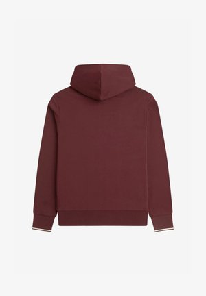 Dunkelroter Kapuzenpullover mit gerippten Bündchen und Saum, von hinten vor weißem Hintergrund dargestellt.