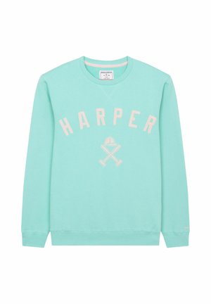 Sudadera de cuello redondo color turquesa claro con texto "HARPER" y gráfico de bates de béisbol cruzados y gorra en rosa pálido en el frente.