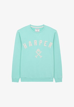 Sudadera de cuello redondo color turquesa claro con texto "HARPER" y gráfico de bates de béisbol cruzados y gorra en rosa pálido en el frente.