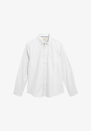 Weißes Langarm-Hemd mit Knopfleiste aus strukturiertem Baumwollstoff, ausgestattet mit Kragen, Fronttasche und dezenten Nähdetails.