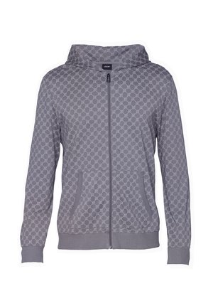 Grijze zip-up hoodie met een herhalend patroon van cirkelkettingen, kangoeroezakken, geribbelde manchetten en zoom, en een opstaande kraag.