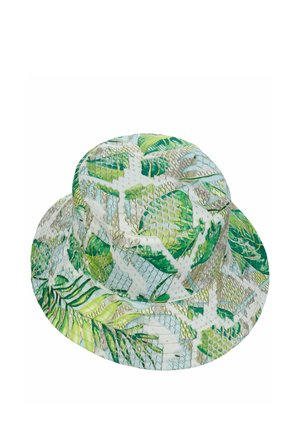 Bucket hat with green and blue tropical leaf patterns and textured grid overlay on white background.