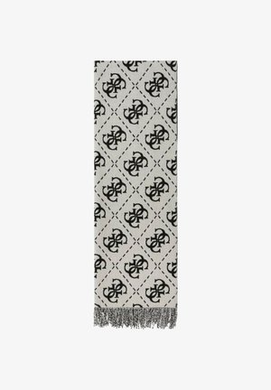 Écharpe blanche rectangulaire avec un motif noir répétitif formant des lettres entrelacées et des contours en forme de losange, finie avec des franges noires et blanches à une extrémité.