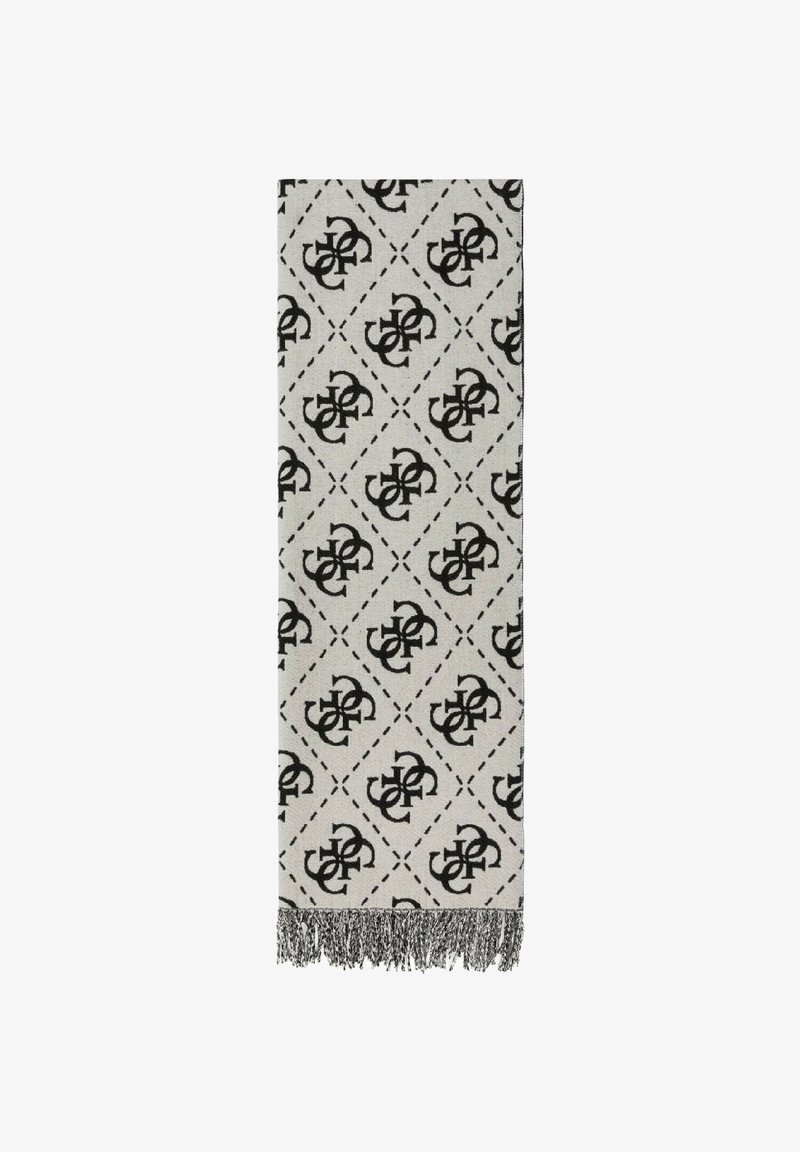 Écharpe blanche rectangulaire avec un motif noir répétitif formant des lettres entrelacées et des contours en forme de losange, finie avec des franges noires et blanches à une extrémité.