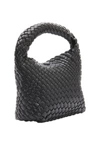 Borsa in pelle nera con un motivo intrecciato, manico rotondo e una forma morbida e strutturata. Presenta una superficie liscia e hardware minimale.