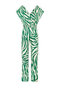 Grøn og cremefarvet jumpsuit med zebrastribemønster, korte brede ærmer, V-hals og elastisk talje.