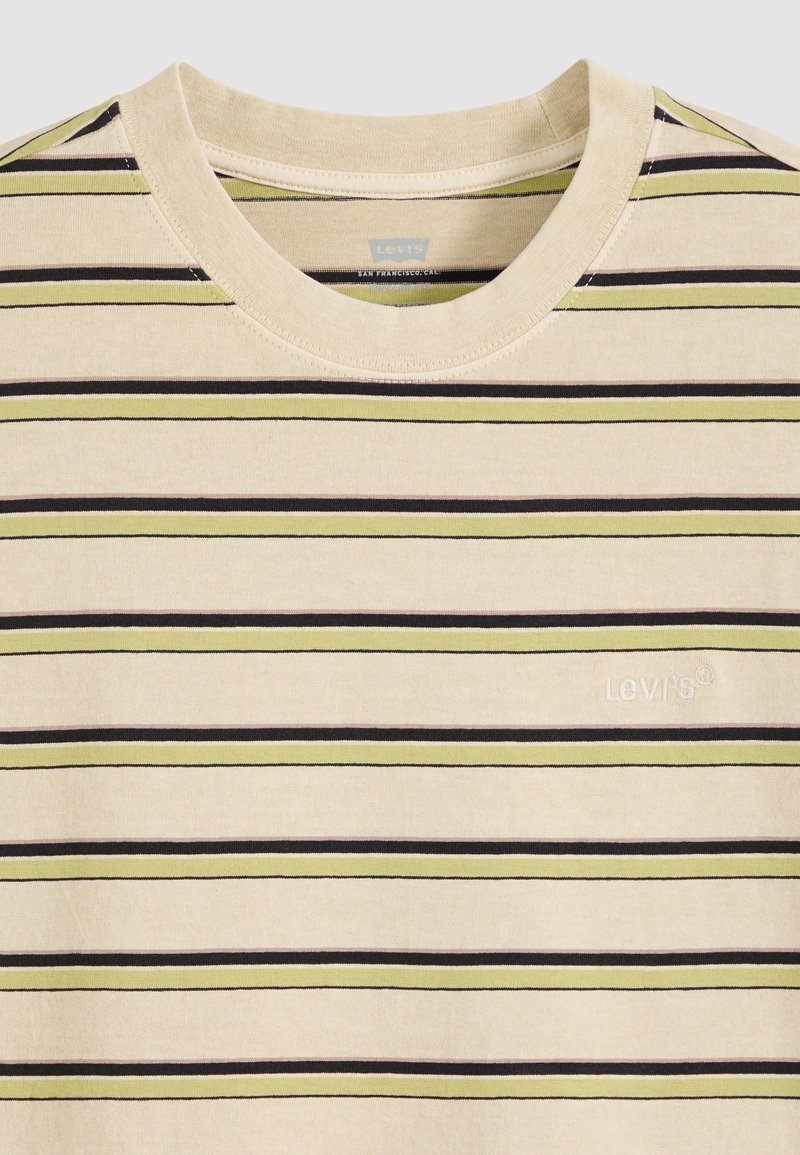 Beige crewneck t-shirt with horizontal black and green stripes and white embroidered Levi's logo on the front.